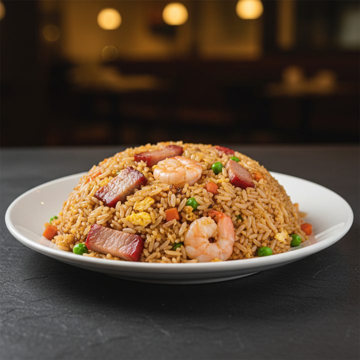 Special fried rice has egg, prawns and barbecue pork.