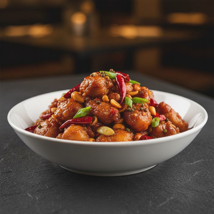 Kung Pao chicken comes with peanuts and dried chilli.