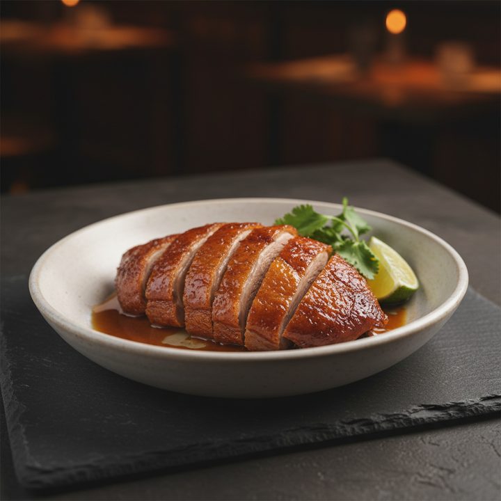 Crispy skin BBQ duck — we roast it fresh each day.