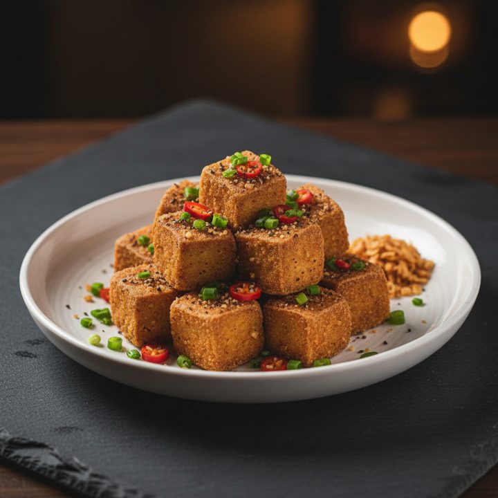 Deep-fried tofu with salt and pepper — crispy on the outside, soft inside.