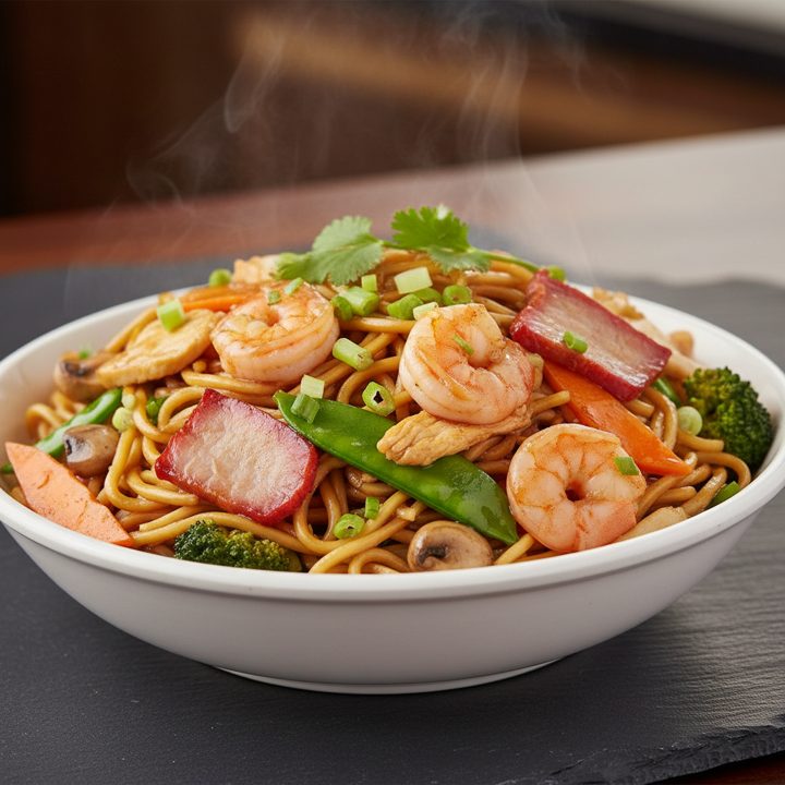 Combination chow mein has pork, chicken and prawns.