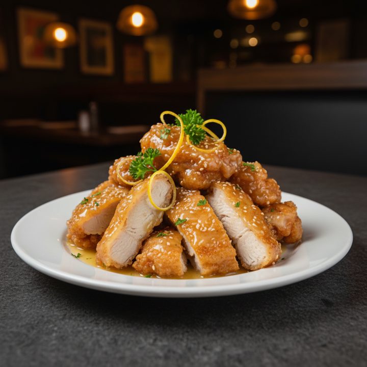 Lemon chicken comes crumbed with a sweet lemon sauce.