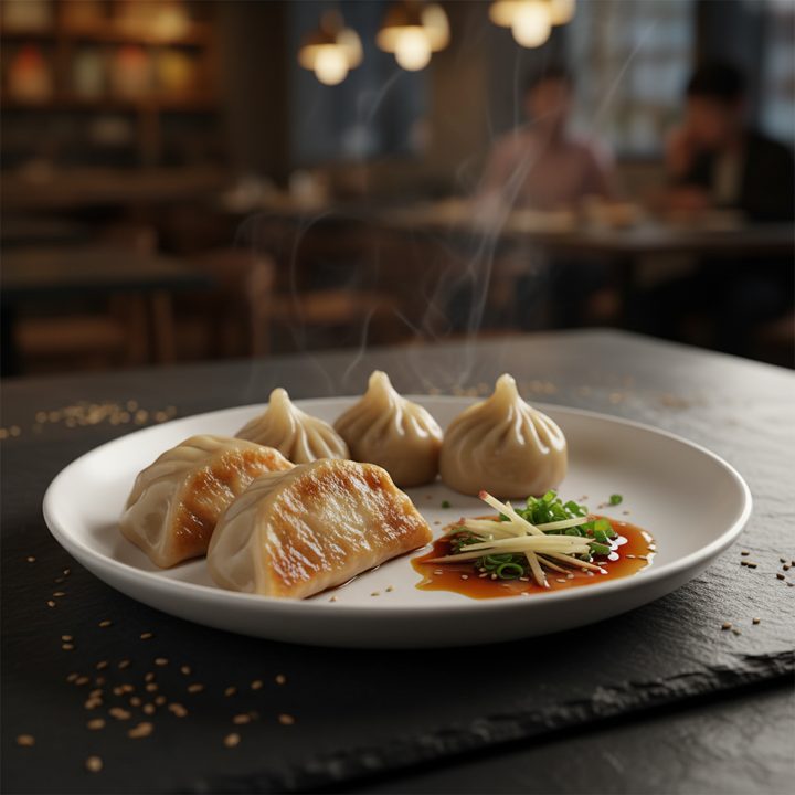 Our pork dumplings are steamed, six to a serve.