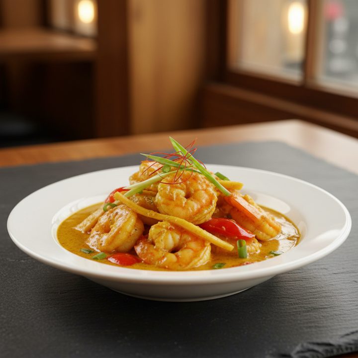 King prawns with curry or satay sauce — big prawns, either way.