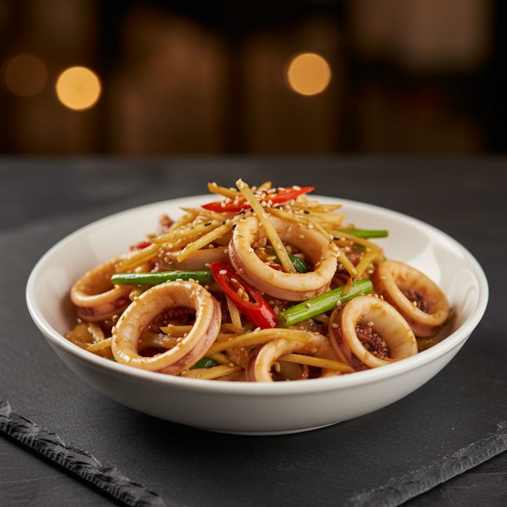 Stir-fried squid with ginger and shallots — quick-cooked, not chewy.