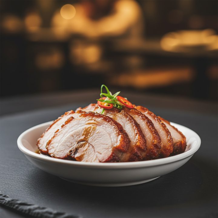 Roasted pork — crackling on top, served with mustard.