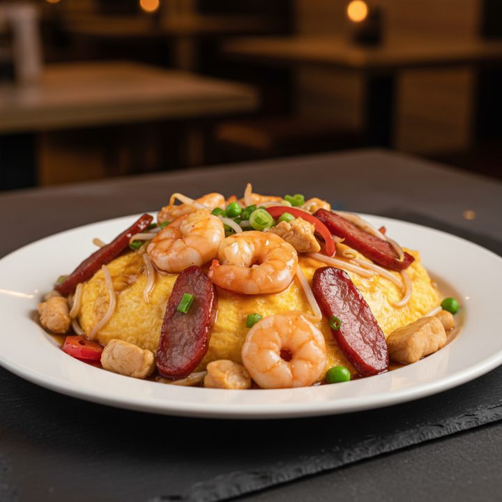 Combination omelette — egg with chicken, prawn and pork.