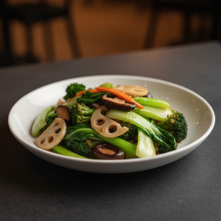 Fresh vegetables with Chinese mushroom in oyster sauce — that's a light option.