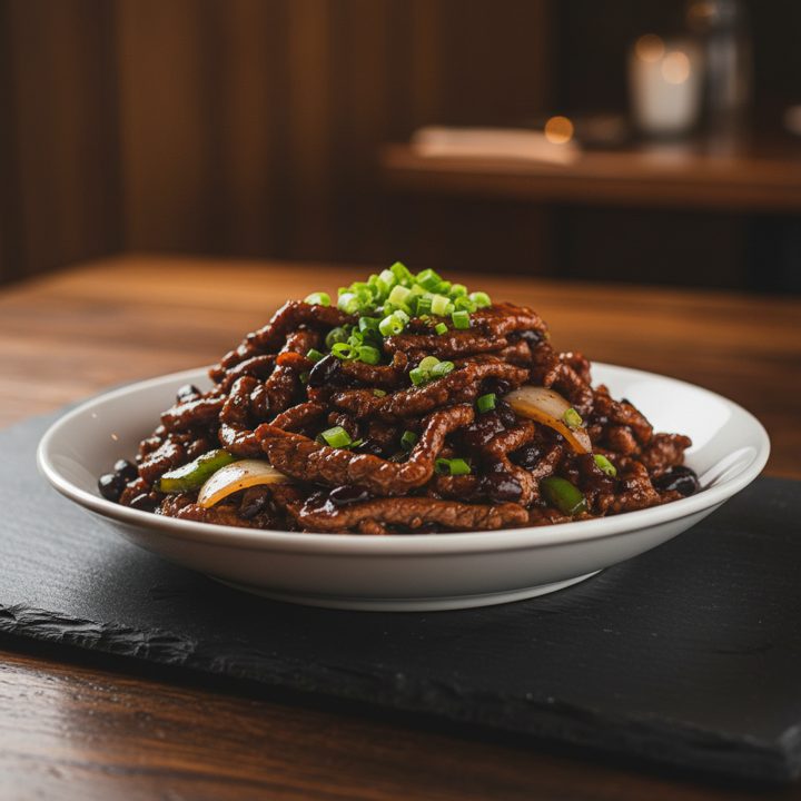 Beef in black bean sauce — savoury, not spicy.