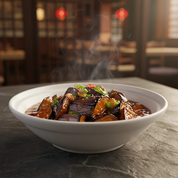 Braised eggplant in hot pot — soft eggplant in a rich sauce.