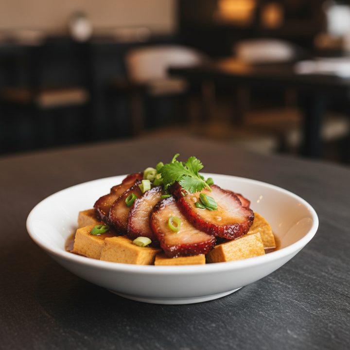 Braised bean curd with BBQ pork and vegetable — soft tofu in sauce.