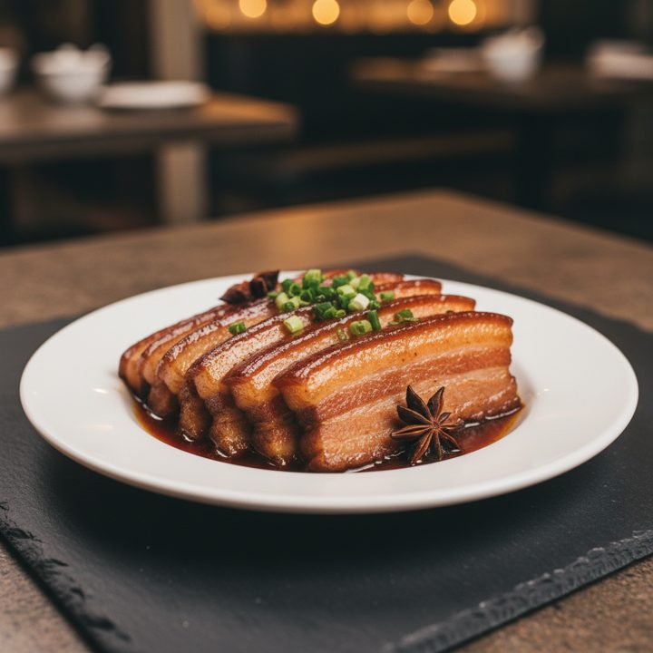 Braised pork belly in brown sauce — slow-cooked and tender.