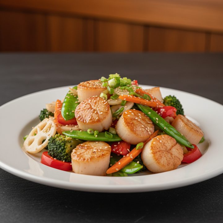 Stir-fried scallops with seasonal vegetables — whatever looks best today.