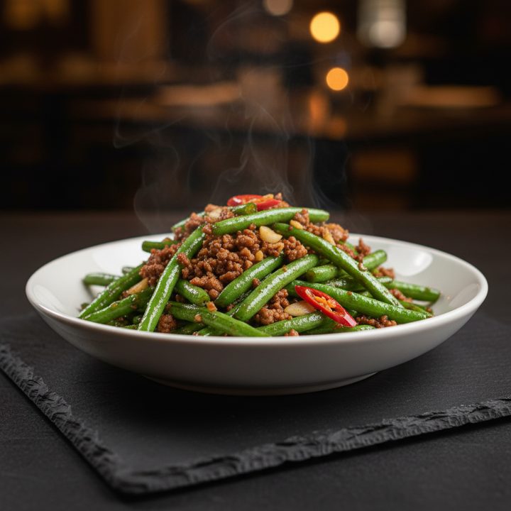 Stir-fried long beans with ground pork — crunchy and savoury.