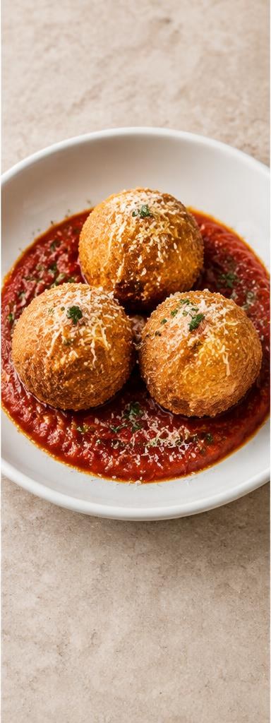 Arancini — crispy risotto balls filled with mozzarella and served with tomato sauce.