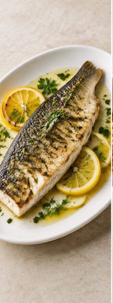Branzino al limone — grilled sea bass with lemon, herbs and extra virgin olive oil.