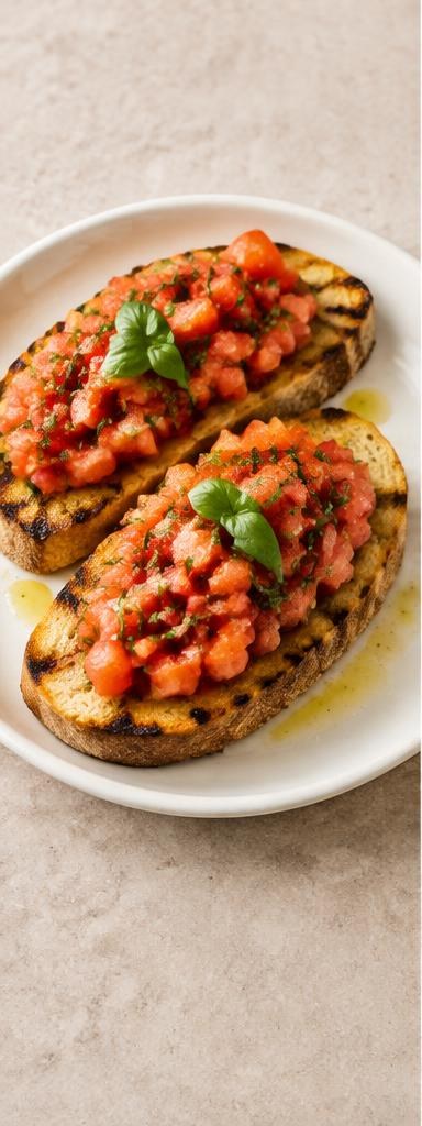 Bruschetta al pomodoro — grilled bread topped with fresh tomato, basil and olive oil.