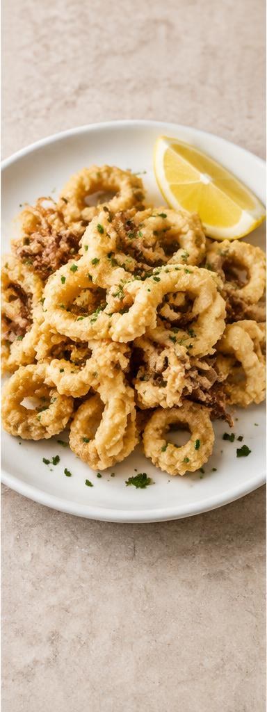 Calamari fritti — lightly battered squid, fried until crisp and served with lemon.
