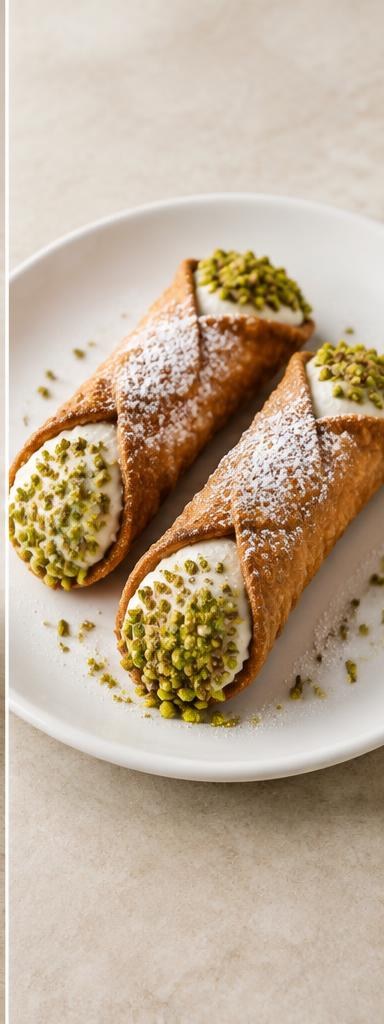 Cannoli — crisp pastry tubes filled with sweet ricotta and finished with pistachio.