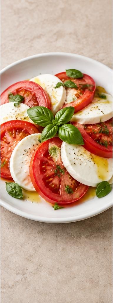 Caprese salad — fresh tomato, buffalo mozzarella and basil with extra virgin olive oil.