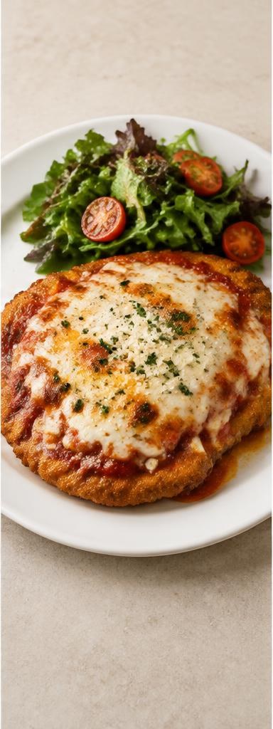 Chicken parmigiana — crumbed chicken topped with tomato sauce and melted mozzarella.