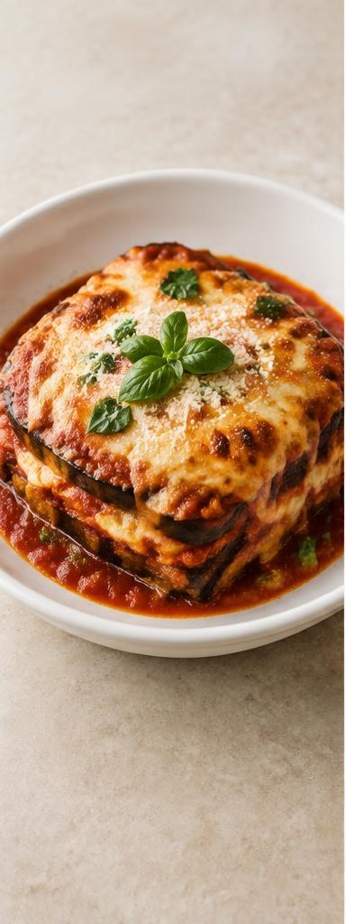 Melanzane parmigiana — layers of eggplant, tomato, basil and melted cheese baked together.