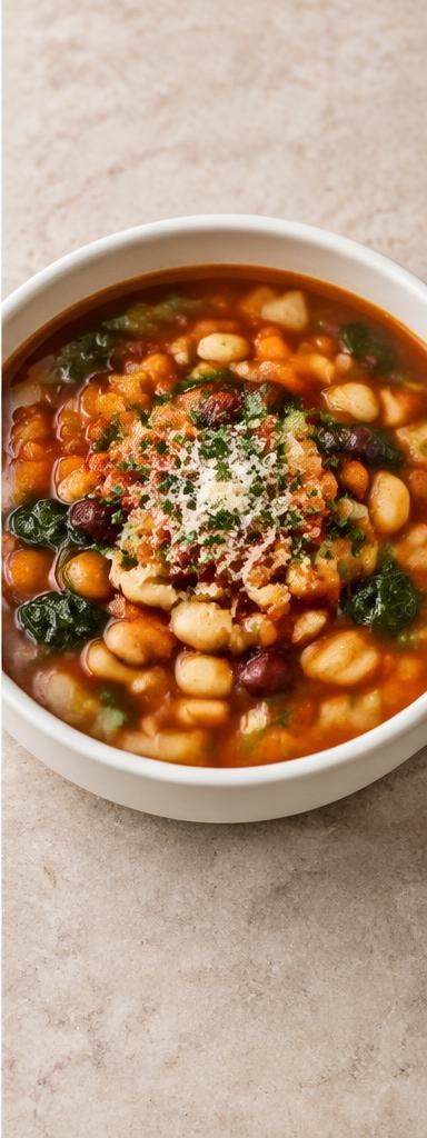 Minestrone — a hearty Italian vegetable soup with beans, tomato and pasta.