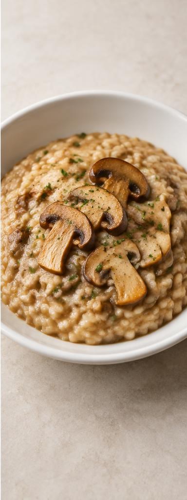 Mushroom risotto — arborio rice slowly cooked with mushrooms, stock and parmesan.
