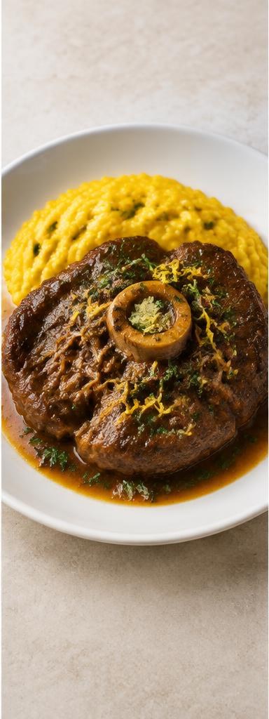 Osso buco — slow-braised veal shank served with saffron risotto and gremolata.