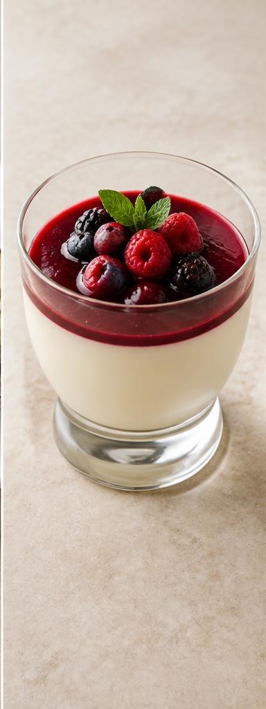 Panna cotta — a silky set cream dessert served with berry coulis.