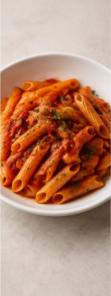 Penne all’arrabbiata — tube pasta in a spicy tomato, garlic and chilli sauce.