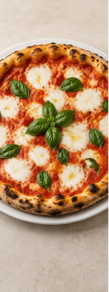 Pizza Margherita — tomato, mozzarella and fresh basil on a wood-fired pizza base.