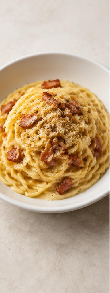 Spaghetti carbonara — pasta tossed with egg, pecorino, guanciale and black pepper.