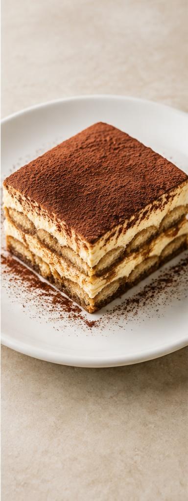 Tiramisu — coffee-soaked sponge layered with mascarpone and finished with cocoa.